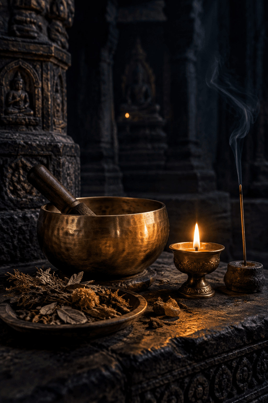 A brass bowl, candle and Himalayan herbs on dark temple stone